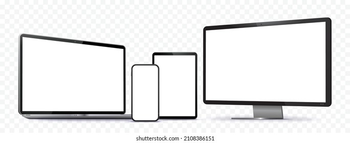 Teléfono móvil, Tablet PC, monitor de ordenador y mockup vector de portátil con fondo transparente