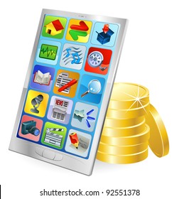 Mobile phone or tablet PC gold coin money concept