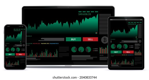 Mobile Phone, Tablet PC and Laptop Computer With Stock Market Trading Graph and Finance Screen. UI design template for black theme background.