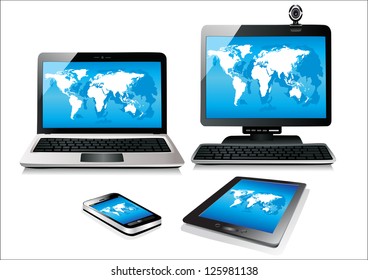 Mobile phone, tablet pc, notebook and computer. World map vector