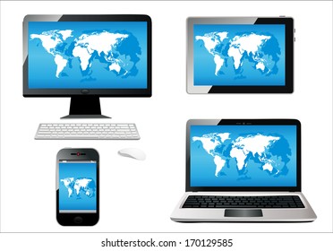 Mobile phone, tablet pc, notebook and computer. World map vector