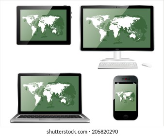 Mobile phone, tablet PC, notebook and computer with world map