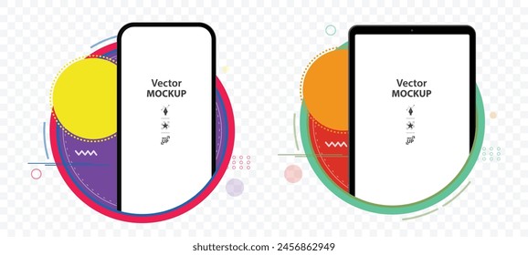 Mobile Phone and Tablet PC Vector Mockup Template With Colorful Abstract Graphic Design. Easy editable transparent background.