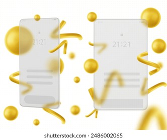 Mobile phone or tablet screen ui set isolated on white background. Vector realistic illustration of glass morphism vertical display mockups with clock and lock icon, mobile application design template