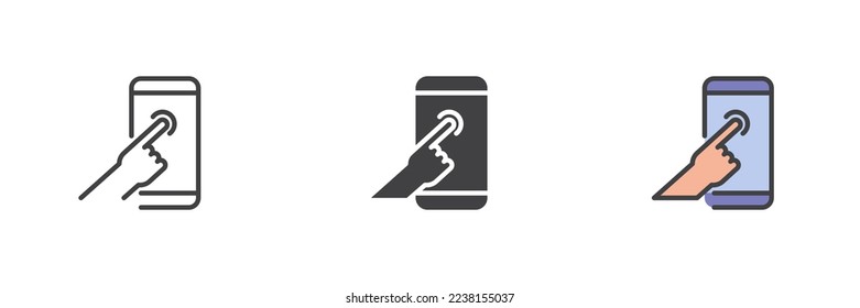Teléfono móvil y marcando un conjunto de iconos de estilo diferente. Versión colorida de línea, glifo y contorno relleno, contorno de pantalla táctil del teléfono y signo vectorial relleno. Símbolo, ilustración del logotipo. Gráficos vectoriales