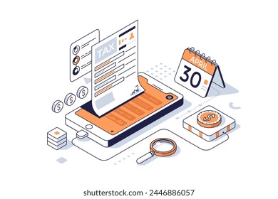 Teléfono móvil con Factura de impuestos y calendario. Servicio en línea para la Ilustración vectorial de línea isométrica de concepto de regulación de impuestos fácil. Control de la actividad financiera de negocios