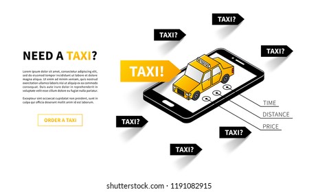 Mobile phone with taxi car vector illustration. Taxi service mobile app with sample text and slogan need a taxi graphic design. Web page template.