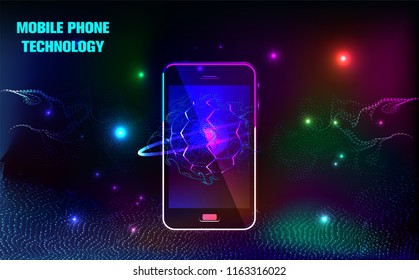 Mobile phone technology background.Digital Particle Waves.wavy particle waves structure made of shuffled round.Cyber technology wire network futuristic wire frame.space Artificial intelligence.Vector 