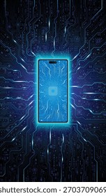 Mobile phone technology concept with glowing mobile phone icon in the center, electronic circuit pattern on the surface and surrounded by circuit pattern on dark black background.