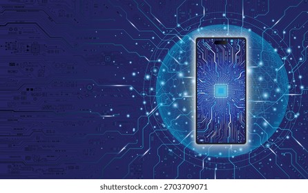 Concepto de la tecnología del teléfono móvil con el icono brillante del teléfono móvil en el centro, modelo electrónico del circuito en la superficie y rodeado por el modelo del circuito en fondo negro oscuro.