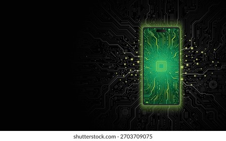 Mobile phone technology concept with glowing mobile phone icon in the center, electronic circuit pattern on the surface and surrounded by circuit pattern on dark black background.