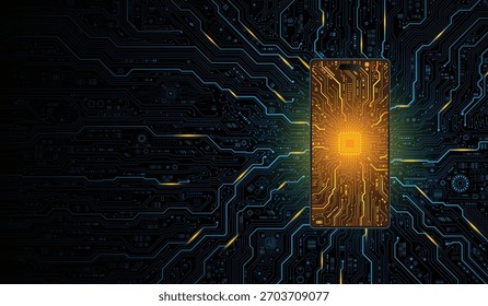 Mobile phone technology concept with glowing mobile phone icon in the center, electronic circuit pattern on the surface and surrounded by circuit pattern on dark black background.