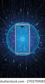 Mobile phone technology concept with glowing mobile phone icon in the center, electronic circuit pattern on the surface and surrounded by circuit pattern on dark black background.