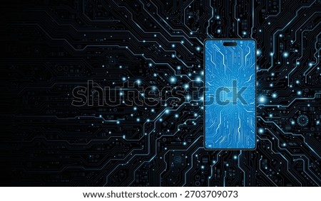 Mobile phone technology concept with glowing mobile phone icon in the center, electronic circuit pattern on the surface and surrounded by circuit pattern on dark black background.
