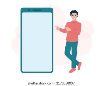 Plantilla de teléfono móvil. Hombre parado y apuntando a una gran pantalla de teléfono inteligente en blanco. Pantalla de teléfono móvil vacía con espacio de copia. Ilustración vectorial plana.