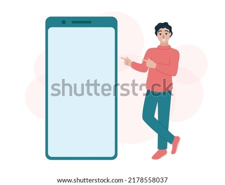 Mobile phone template. Man standing and pointing at big blank smartphone screen. Empty cellphone display with copy space. Flat vector illustration.