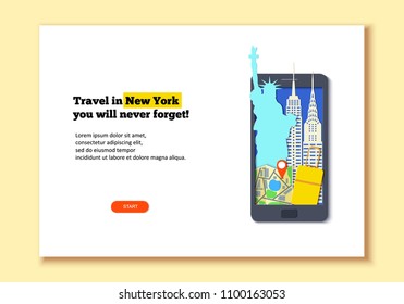 Mobile phone template in paper cut style. Smartphone with Attraction. Black craft flat phone with Statue of Liberty, luggage, map. Vector card illustration in papercutting art style. Landing page.