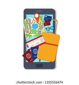 Mobile phone template in paper cut style. Smartphone with things for travel. Black craft flat phone with suitcase passport luggage map, ticket. Vector card illustration in papercutting art style.
