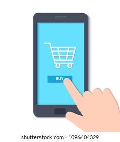 Mobile phone template in trandy paper cut style. Smartphone with blue screen and shopping cart icon and hand. Black flat phone drawing modern smartphone design. Vector card illustration.