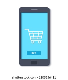 Mobile phone template in trandy paper cut style. Smartphone with blue screen and shopping cart icon. Black flat phone drawing modern smartphone design. Vector card illustration in paper style.