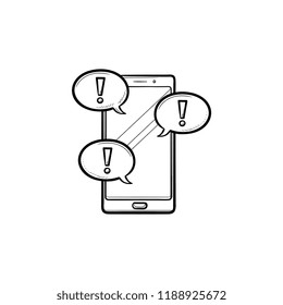 Mobile phone and text message with exclamation point hand drawn outline doodle icon. Social networking concept. Vector sketch illustration for print, web, mobile and infographics on white background.