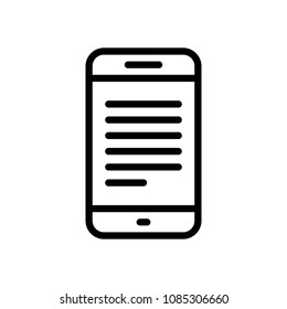 Mobile phone with text on screen. Simple linear icon with thin outline