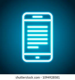 Mobile phone with text on screen. Simple linear icon with thin outline. Neon style. Light decoration icon. Bright electric symbol
