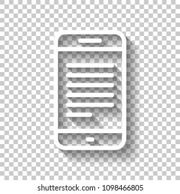 Mobile phone with text on screen. Simple linear icon with thin outline. White icon with shadow on transparent background