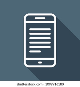 Mobile phone with text on screen. Simple linear icon with thin outline. White flat icon with long shadow on background