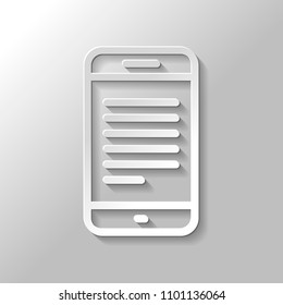 Mobile phone with text on screen. Simple linear icon with thin outline. Paper style with shadow on gray background