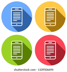 Mobile phone with text on screen. Simple linear icon with thin outline. Set of white icons with long shadow on blue, orange, green and red colored circles. Sticker style