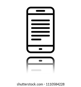 Mobile phone with text on screen. Simple linear icon with thin outline. Black icon with mirror reflection on white background