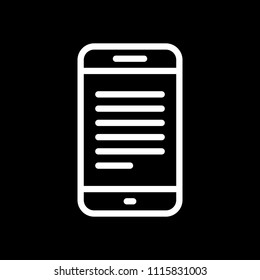 Mobile phone with text on screen. Simple linear icon with thin outline. White icon on black background. Inversion