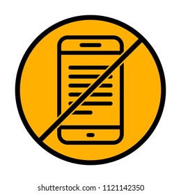 Mobile phone with text on screen. Simple linear icon with thin outline. not allowed, black object in warning sign with orange background color