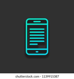 Mobile phone with text on screen. Simple linear icon with thin outline. Colorful logo concept with soft shadow on dark background. Icon color of azure ocean