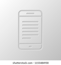 Mobile phone with text on screen. Simple linear icon with thin outline. Paper design. Cutted symbol. Pitted style