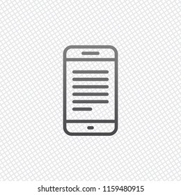 Mobile phone with text on screen. Simple linear icon with thin outline. On grid background
