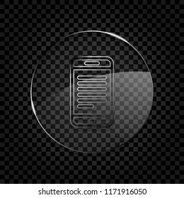 Mobile phone with text on screen. Simple linear icon with thin outline. Icon in circle glass bubble on dark transparent grid. Glass style