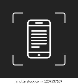 Mobile phone with text on screen. Simple linear icon with thin outline. White object in camera autofocus on dark background