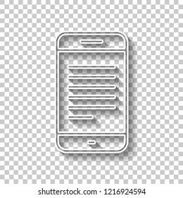 Mobile phone with text on screen. Simple linear icon with thin outline. White outline sign with shadow on transparent background
