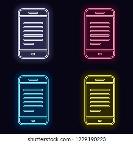 Mobile phone with text on screen. Simple linear icon with thin outline. Set of neon sign. Casino style on dark background. Seamless pattern
