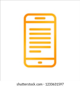 Mobile phone with text on screen. Simple linear icon with thin outline. Orange sign with low light on white background