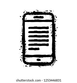 Mobile phone with text on screen. Simple linear icon with thin outline. Black ink with splashes on white background