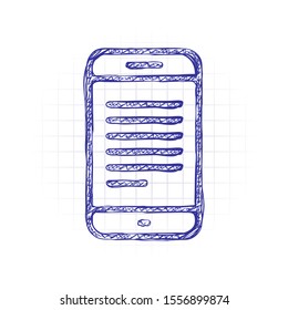 Mobile phone with text on screen. Simple linear icon with thin outline. Hand drawn sketched picture with scribble fill. Blue ink. Doodle on white background