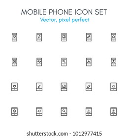 Mobile phone theme, line icon set. Pixel perfect, fully editable stroke, black and white, vector icon set suitable for websites, info graphics, and print media.