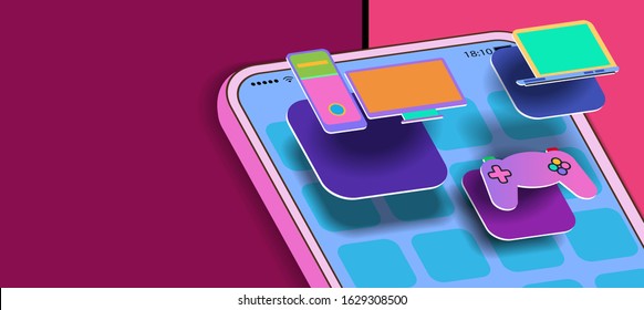 Mobile phone with three-dimensional icons for programming and computer games. Vector banner