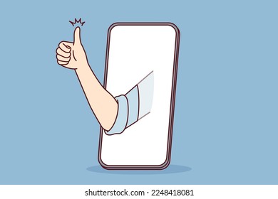 Mobile phone and thumb up symbolizing approval of good app or website. Smart phone with hand in display for recommendation using cool application for chatting or sharing photos. Flat vector design 