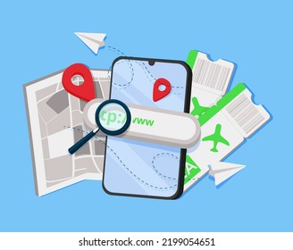 Mobile phone with ticket for flight airplane, suitcase, tourism and travel planning with flight plane. Travel booking and service. Icon vector airplane with phone in hand render illustration