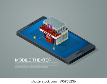 mobile phone ticket reservation cinema theater  isometric vector illustration