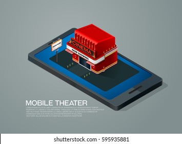 mobile phone ticket reservation cinema theater  isometric vector illustration